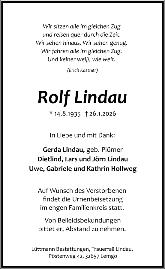Traueranzeige von Rolf Lindau von Hannoversche Allgemeine Zeitung/Neue Presse