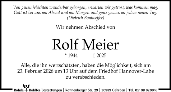 Traueranzeige von Rolf Meier von Hannoversche Allgemeine Zeitung/Neue Presse
