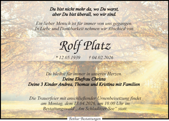 Traueranzeige von Rolf Platz von Leipziger Volkszeitung