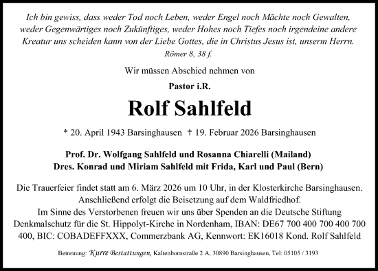 Traueranzeige von Rolf Sahlfeld von Hannoversche Allgemeine Zeitung/Neue Presse