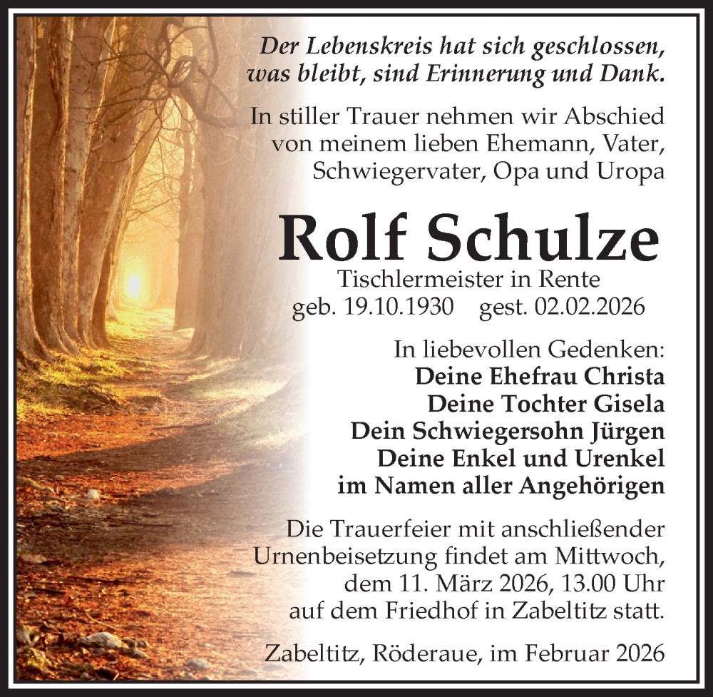  Traueranzeige für Rolf Schulze vom 21.02.2026 aus Sächsische Zeitung