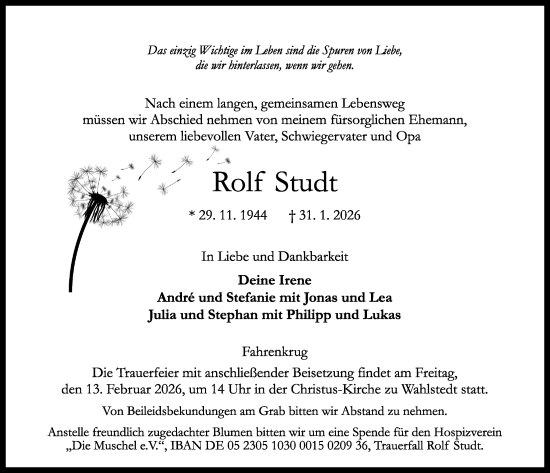Traueranzeige von Rolf Studt von Kieler Nachrichten
