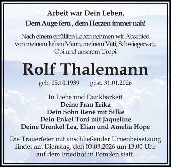 Traueranzeige von Rolf Thalemann von Leipziger Volkszeitung