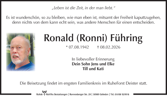 Traueranzeige von Ronald Führing von Hannoversche Allgemeine Zeitung/Neue Presse