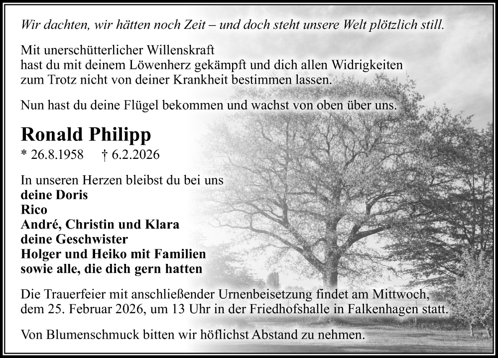 Traueranzeige für Ronald Philipp vom 14.02.2026 aus Wochenspiegel