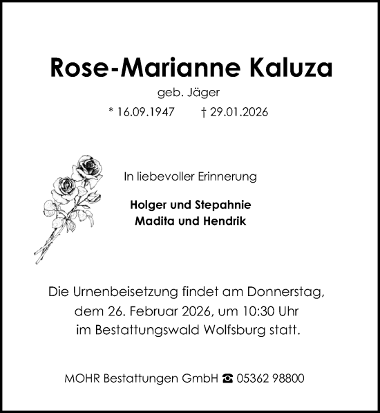 Traueranzeige von Rose-Marianne Kaluza von Aller Zeitung