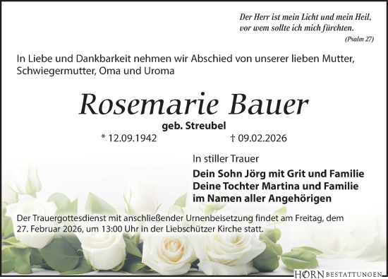 Traueranzeige von Rosemarie Bauer von Leipziger Volkszeitung