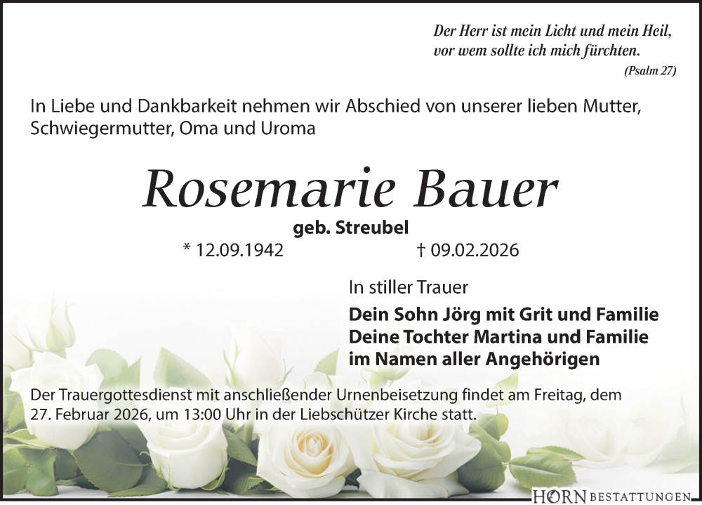  Traueranzeige für Rosemarie Bauer vom 14.02.2026 aus Leipziger Volkszeitung