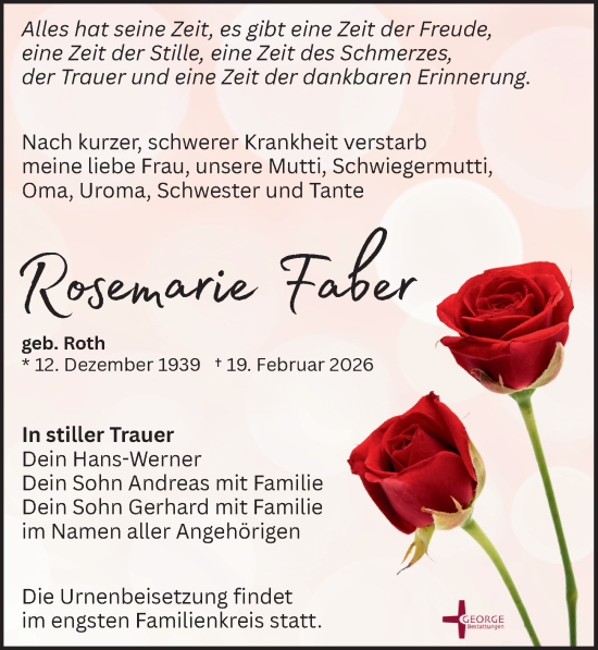 Traueranzeige von Rosemarie Faber von Leipziger Volkszeitung