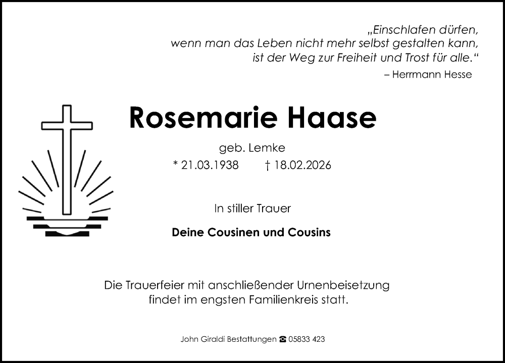  Traueranzeige für Rosemarie Haase vom 28.02.2026 aus Aller Zeitung
