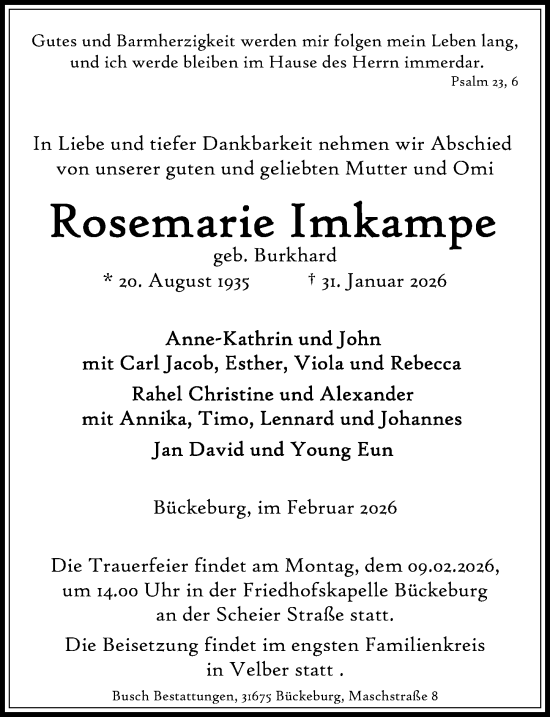 Traueranzeige von Rosemarie Imkampe von Schaumburger Nachrichten