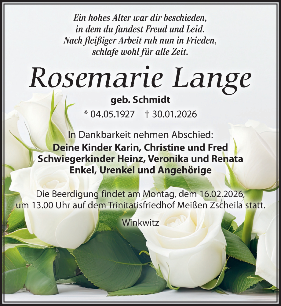  Traueranzeige für Rosemarie Lange vom 07.02.2026 aus Sächsische Zeitung