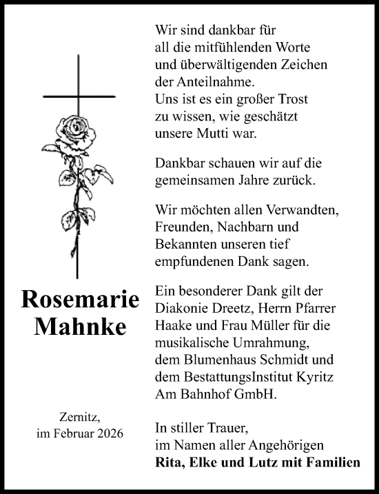 Traueranzeige von Rosemarie Mahnke von Wochenspiegel