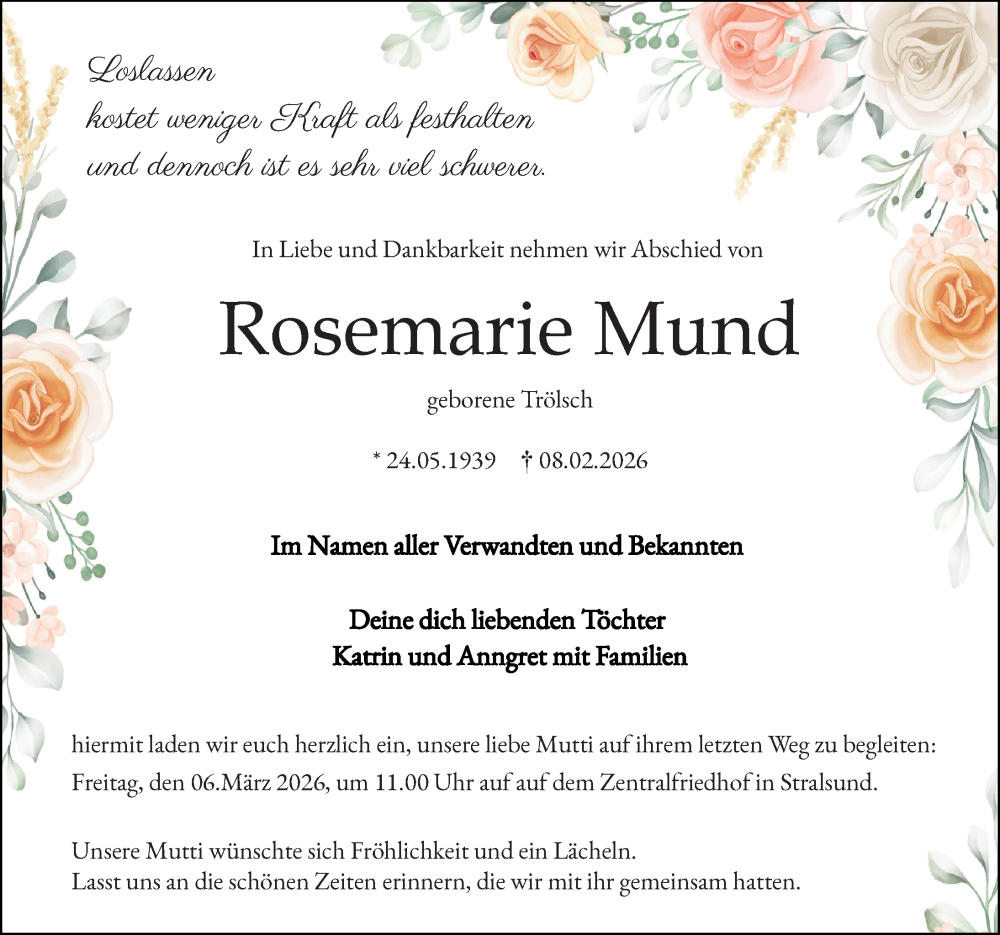  Traueranzeige für Rosemarie Mund vom 14.02.2026 aus Ostsee-Zeitung GmbH