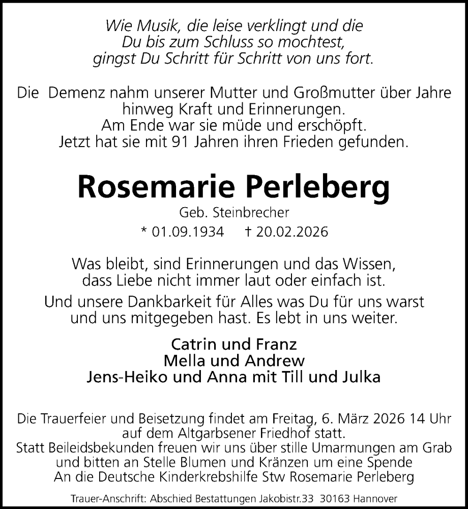  Traueranzeige für Rosemarie Perleberg vom 28.02.2026 aus Hannoversche Allgemeine Zeitung/Neue Presse