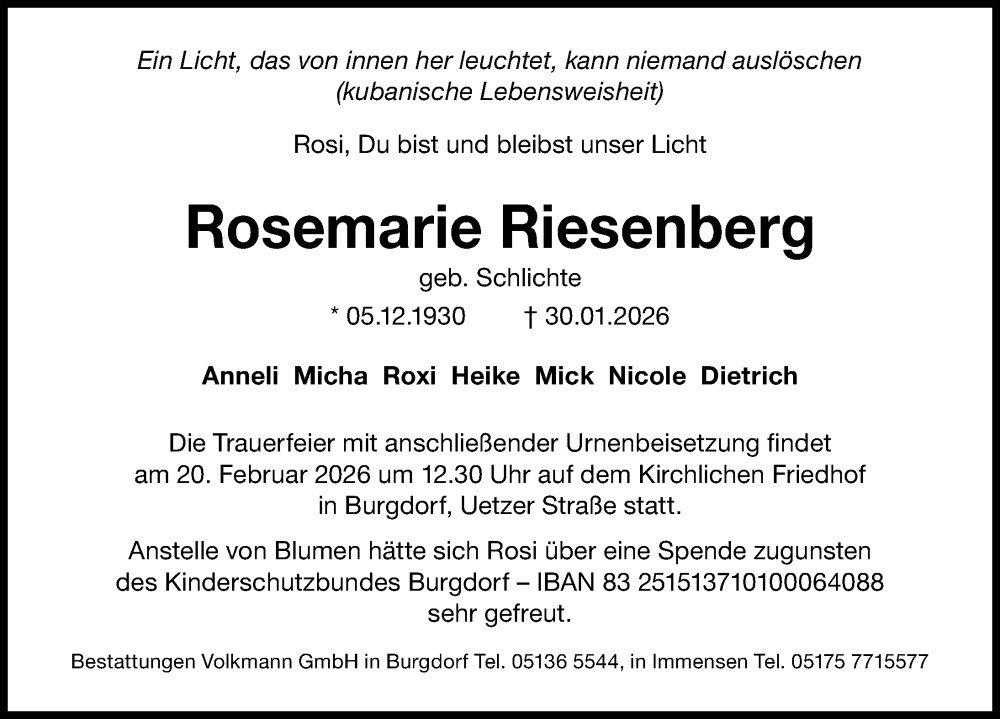  Traueranzeige für Rosemarie Riesenberg vom 07.02.2026 aus Hannoversche Allgemeine Zeitung/Neue Presse