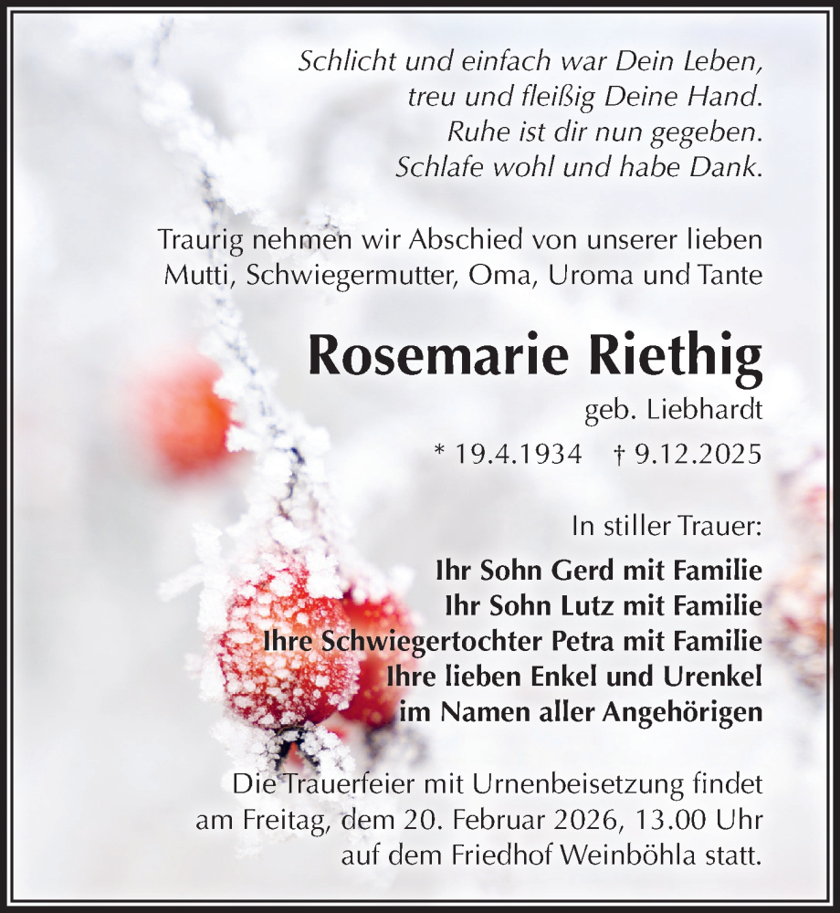  Traueranzeige für Rosemarie Riethig vom 07.02.2026 aus Sächsische Zeitung