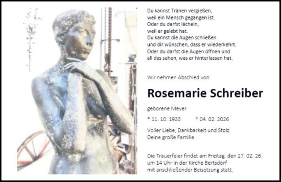 Traueranzeige von Rosemarie Schreiber von Sächsische Zeitung