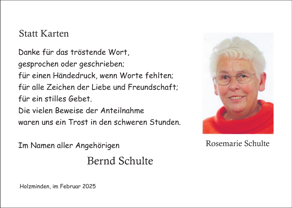  Traueranzeige für Rosemarie Schulte vom 14.02.2026 aus Täglicher Anzeiger Holzminden