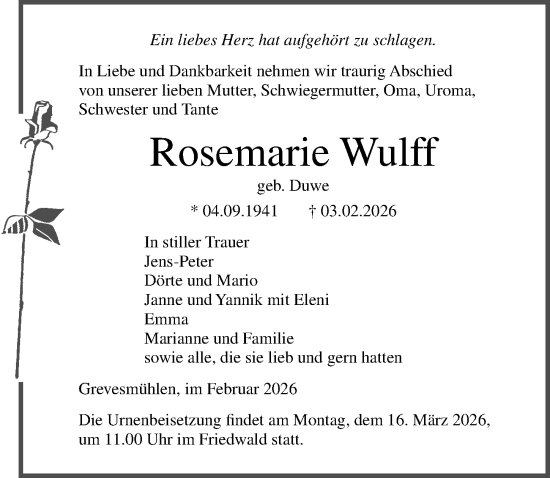 Traueranzeige von Rosemarie Wulff von Ostsee-Zeitung GmbH