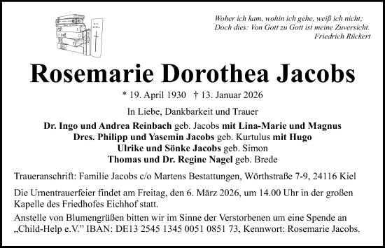 Traueranzeige von Rosemarie Dorothea Jacobs von Kieler Nachrichten