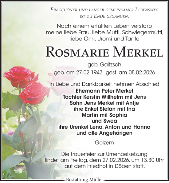 Traueranzeige von Rosmarie Merkel von Leipziger Volkszeitung