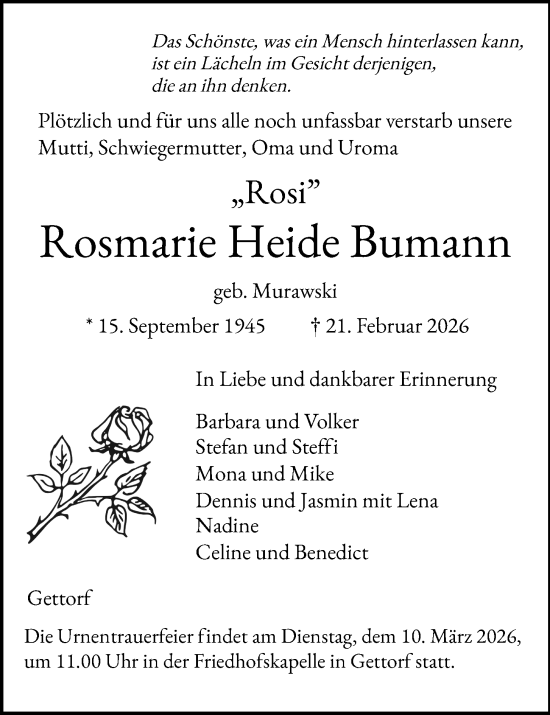 Traueranzeige von Rosmarie Heide Bumann von Kieler Nachrichten