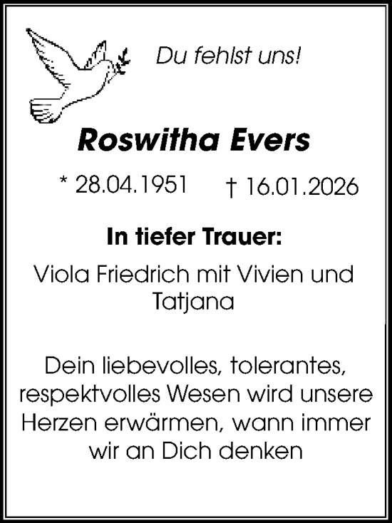 Traueranzeige von Roswitha Evers von Göttinger Tageblatt