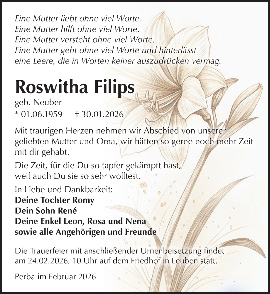  Traueranzeige für Roswitha Filips vom 14.02.2026 aus Sächsische Zeitung