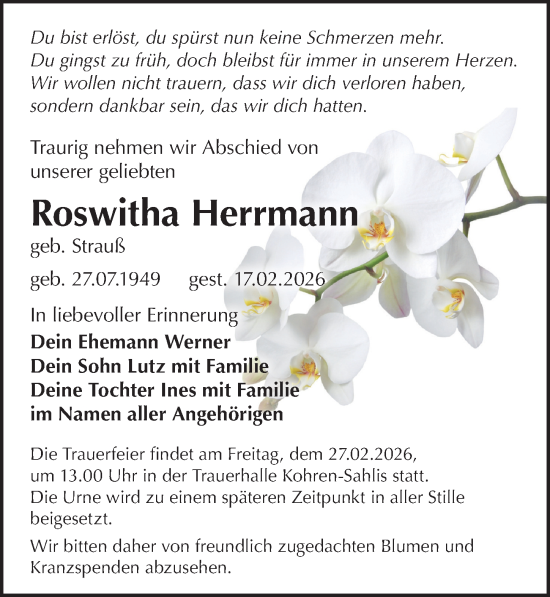 Traueranzeige von Roswitha Herrmann von Leipziger Volkszeitung