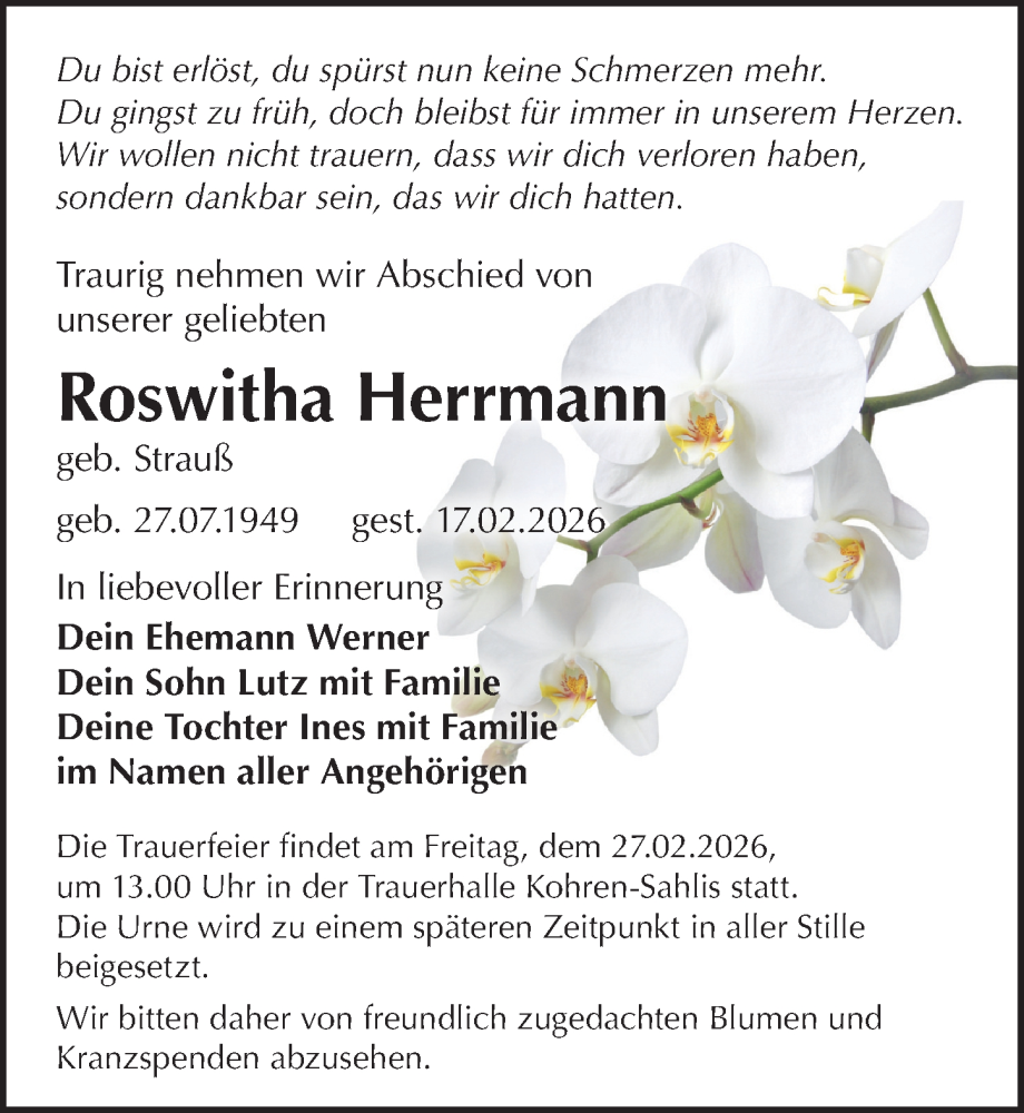  Traueranzeige für Roswitha Herrmann vom 21.02.2026 aus Leipziger Volkszeitung
