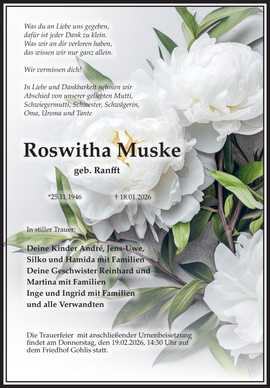 Traueranzeige von Roswitha Muske von Leipziger Volkszeitung