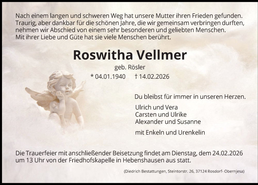  Traueranzeige für Roswitha Vellmer vom 21.02.2026 aus Göttinger Tageblatt
