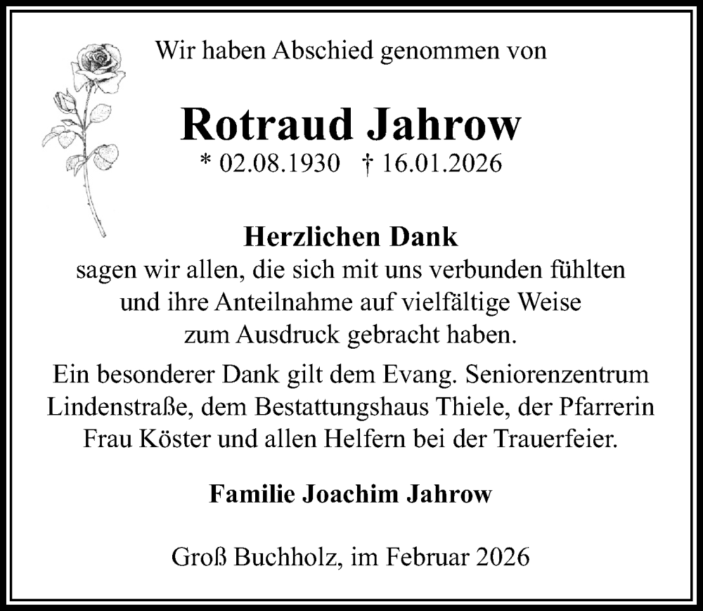  Traueranzeige für Rotraud Jahrow vom 21.02.2026 aus Wochenspiegel