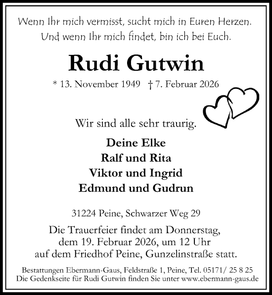 Traueranzeige von Rudi Gutwin von Peiner Allgemeine Zeitung