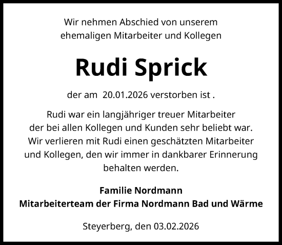 Traueranzeige von Rudi Sprick von Die Harke