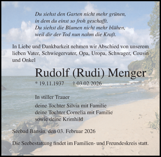 Traueranzeige von Rudolf Menger von Ostsee-Zeitung GmbH