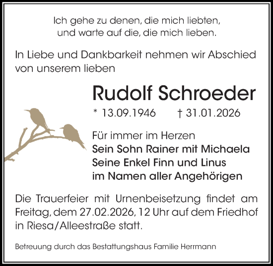 Traueranzeige von Rudolf Schroeder von Sächsische Zeitung