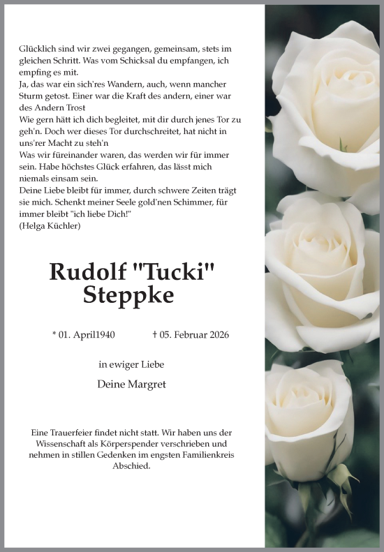 Traueranzeige von Rudolf Steppke von Aller Zeitung