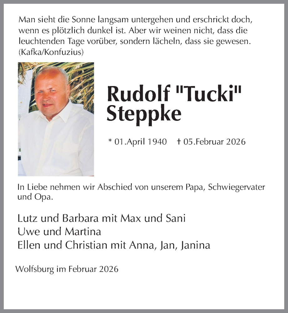  Traueranzeige für Rudolf Steppke vom 14.02.2026 aus Aller Zeitung
