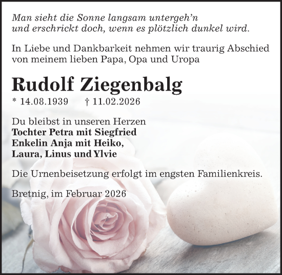 Traueranzeige von Rudolf Ziegenbalg von Sächsische Zeitung