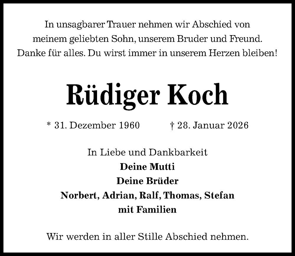  Traueranzeige für Rüdiger Koch vom 07.02.2026 aus Kieler Nachrichten
