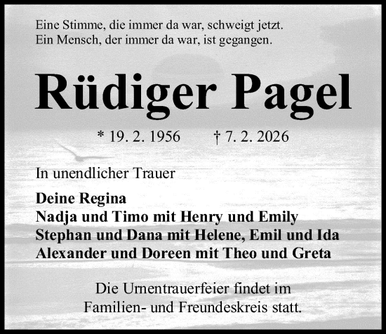 Traueranzeige von Rüdiger Pagel von Kieler Nachrichten