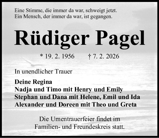 Traueranzeige von Rüdiger Pagel von Ostsee-Zeitung GmbH