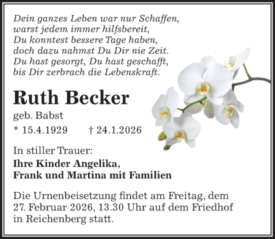 Traueranzeige von Ruth Becker von Sächsische Zeitung