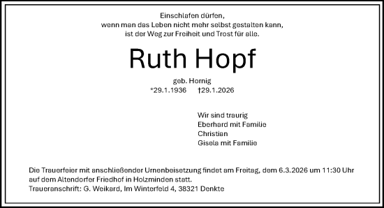 Traueranzeige von Ruth Hopf von Täglicher Anzeiger Holzminden