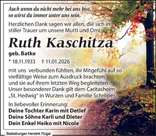 Traueranzeige von Ruth Kaschitza von Leipziger Volkszeitung