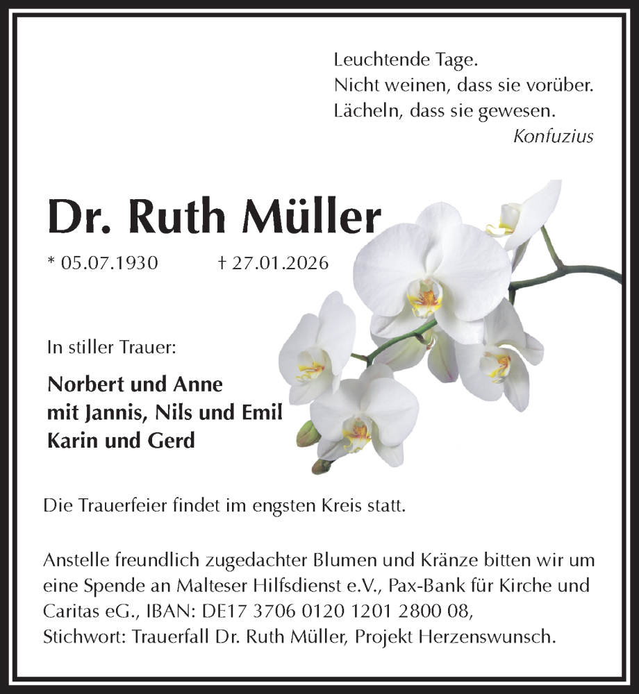  Traueranzeige für Ruth Müller vom 14.02.2026 aus Sächsische Zeitung