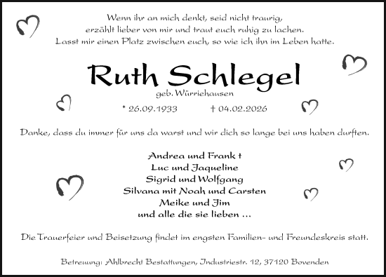 Traueranzeige von Ruth Schlegel von Göttinger Tageblatt