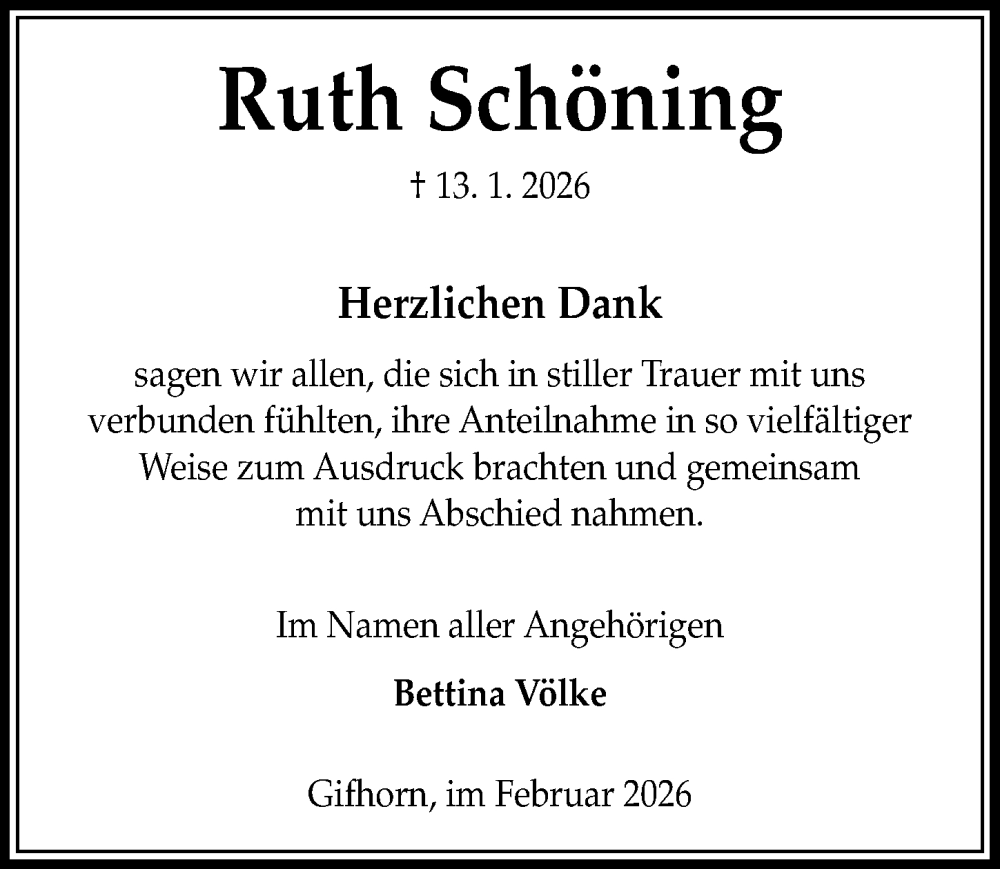  Traueranzeige für Ruth Schöning vom 14.02.2026 aus Aller Zeitung